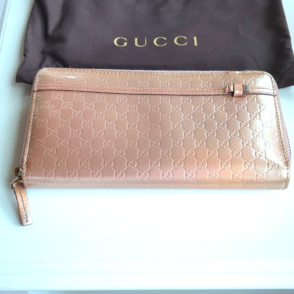 Authentic Gucci Zip Purse Micro Shima Wallet GG Pink Patent Leather Italy - Picture 9 of 13